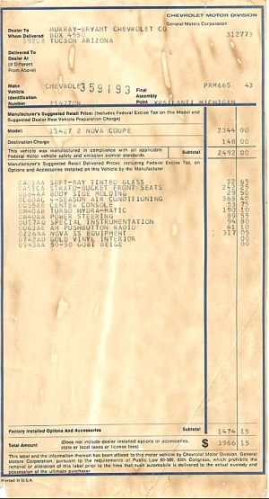 1970 Chevrolet Nova SS window sticker